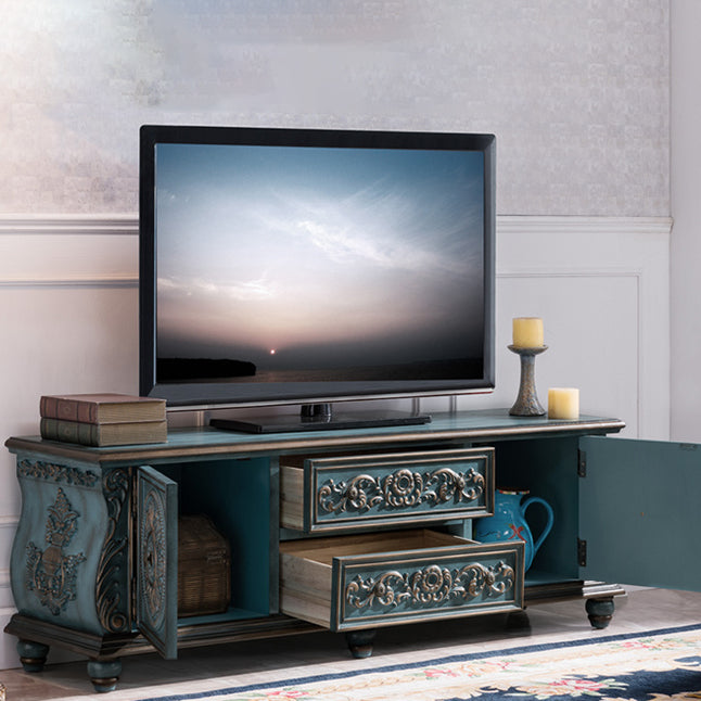 Console multimediale tradizionale in legno di gomma, supporto TV con finitura opaca e cassetti