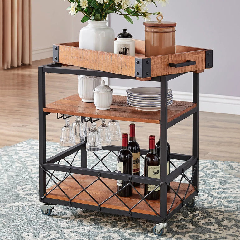 Modern Rolling Prep Table Wood Rectangular Prep Table for Home Use