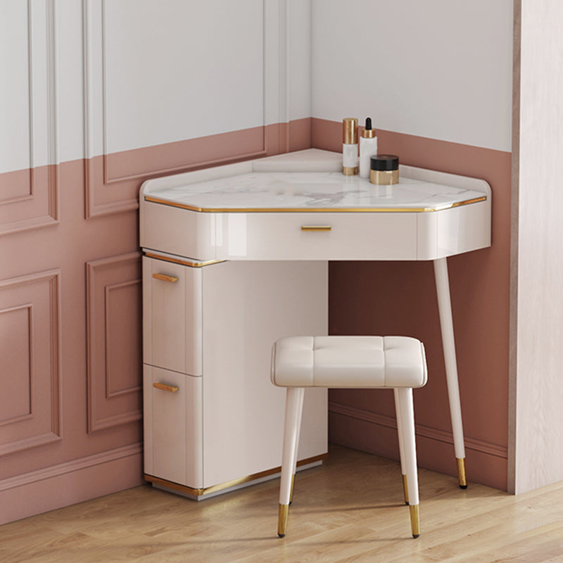 Glam Style White/gray Rock Slate Countertop Metal Base with 3/4 Drawer Dresser Makeup Vanity & Stools 24"L x 24"W x 31"H White Clearhalo 'Bedroom Furniture' 'furn' 'furn_makeup_vanities' 'Furniture' 'Makeup Vanities' 'makeup_vanities' 5223049