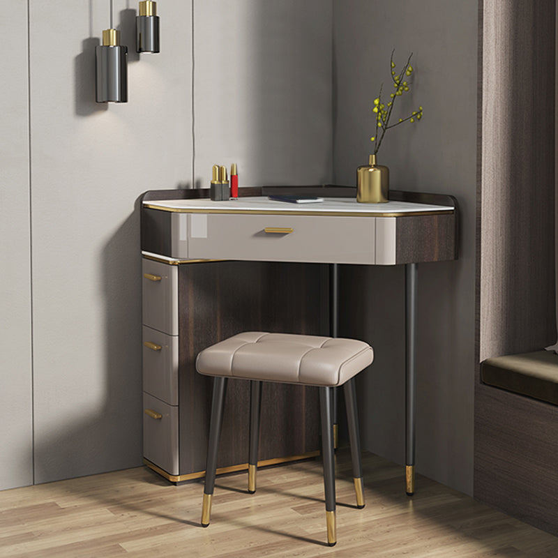 Glam Style White/gray Rock Slate Countertop Metal Base with 3/4 Drawer Dresser Makeup Vanity & Stools 24"L x 24"W x 31"H Grey Clearhalo 'Bedroom Furniture' 'furn' 'furn_makeup_vanities' 'Furniture' 'Makeup Vanities' 'makeup_vanities' 5223056