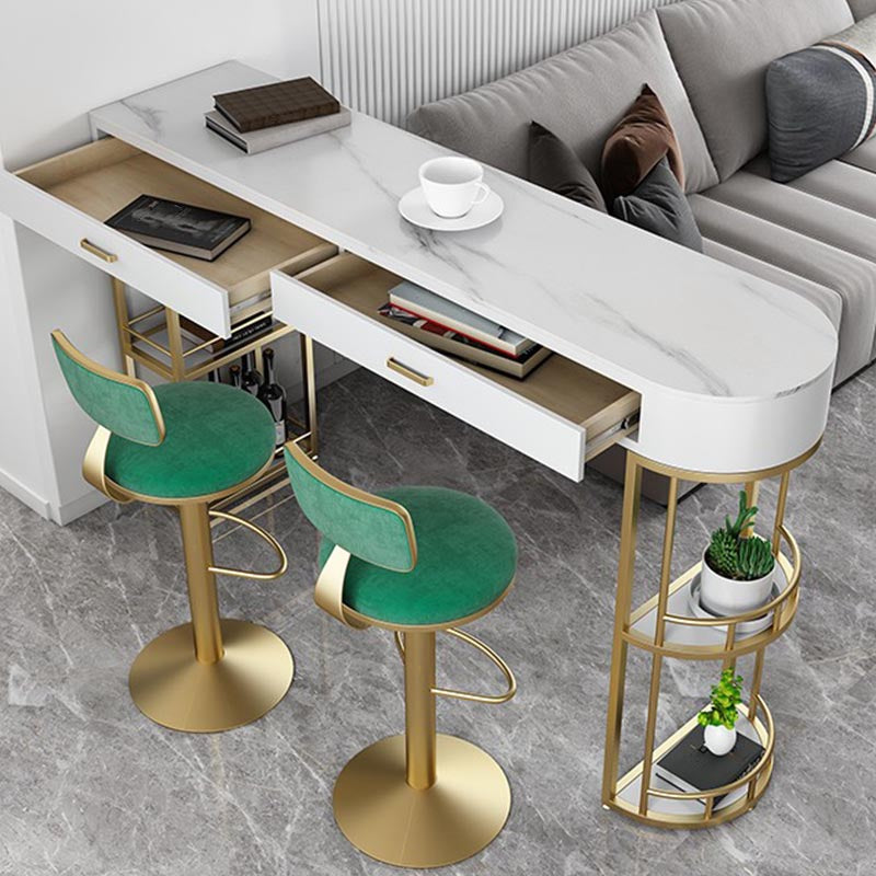 Living Room Double Pedestal Pub Table Contemporary Stone Bistro Bar Table 55.1"L x 15.7"W x 41.3"H Gold Without Chairs Clearhalo 'Bar Furniture' 'Bar Tables' 'bar_tables' 'furn' 'furn_bar_tables' 'Furniture' 'Kitchen & Dining Furniture' 5224953