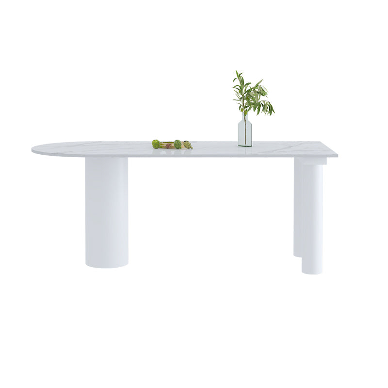 Simple Stone Top Table for Restaurant Oval Table with Three White Pedestal Gloss White 63"L x 31.5"W x 29.5"H Without Chairs Clearhalo 'Dining Tables & Seating' 'Dining Tables' 'dining_table' 'furn' 'furn_dining_table' 'Furniture' 'Kitchen & Dining Furniture' 5225899