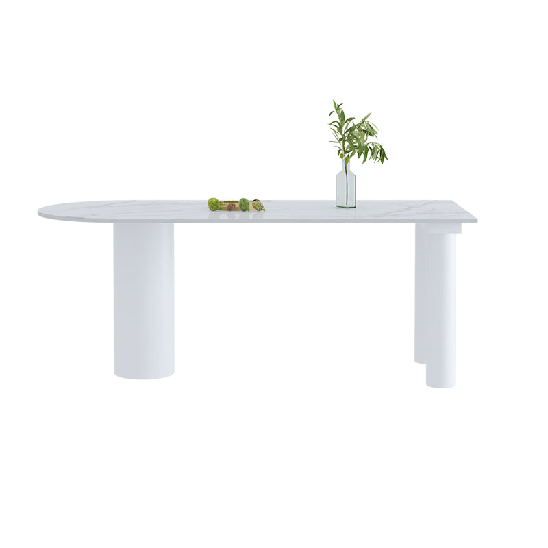 Simple Stone Top Table for Restaurant Oval Table with Three White Pedestal Gloss White 70.9"L x 35.4"W x 29.5"H Without Chairs Clearhalo 'Dining Tables & Seating' 'Dining Tables' 'dining_table' 'furn' 'furn_dining_table' 'Furniture' 'Kitchen & Dining Furniture' 5225901
