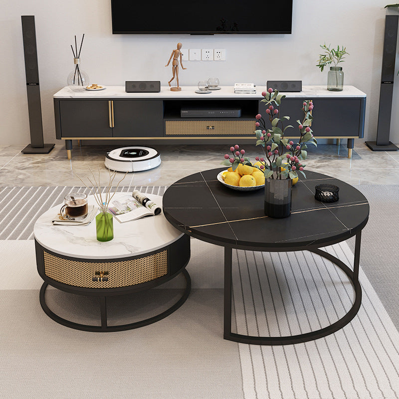 Frame Base Design Marble Metal Iron Black Base Round Coffee Table 31.5"L x 31.5"W x 18"H + 23.5"L x 23.5"W x 15.5"H White Black Clearhalo 'Coffee & Accent Tables' 'Coffee Tables' 'coffee_tables' 'furn' 'furn_coffee_tables' 'Furniture' 'Living Room Furniture' 5231026