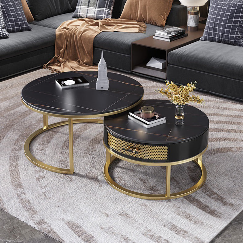 Frame Base Design Marble Metal Iron Black Base Round Coffee Table 31.5"L x 31.5"W x 18"H + 23.5"L x 23.5"W x 15.5"H Black Gold Clearhalo 'Coffee & Accent Tables' 'Coffee Tables' 'coffee_tables' 'furn' 'furn_coffee_tables' 'Furniture' 'Living Room Furniture' 5231027