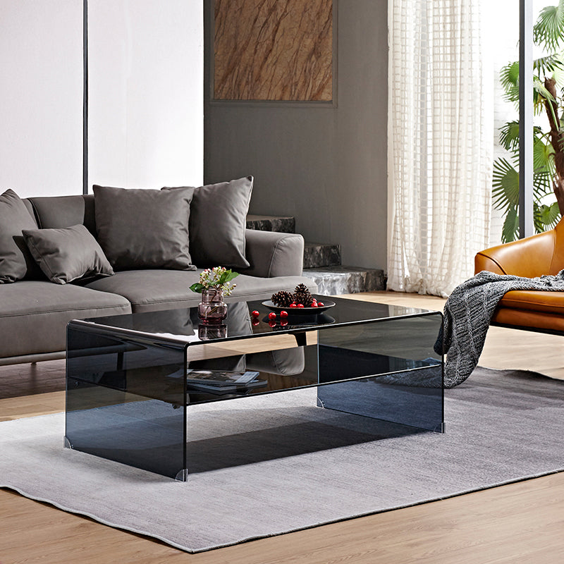15.7"H Modern Sled Base White/black Glass Square Coffee Table with Shelf Black Clearhalo 'Coffee & Accent Tables' 'Coffee Tables' 'coffee_tables' 'furn' 'furn_coffee_tables' 'Furniture' 'Living Room Furniture' 5231034