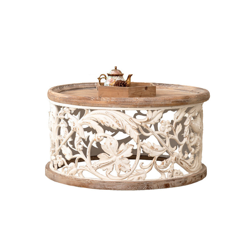 アイアンドラムエンドテーブルラウンドウッドトレイトップサイドエンドテーブル - 苦しめられた表面処理