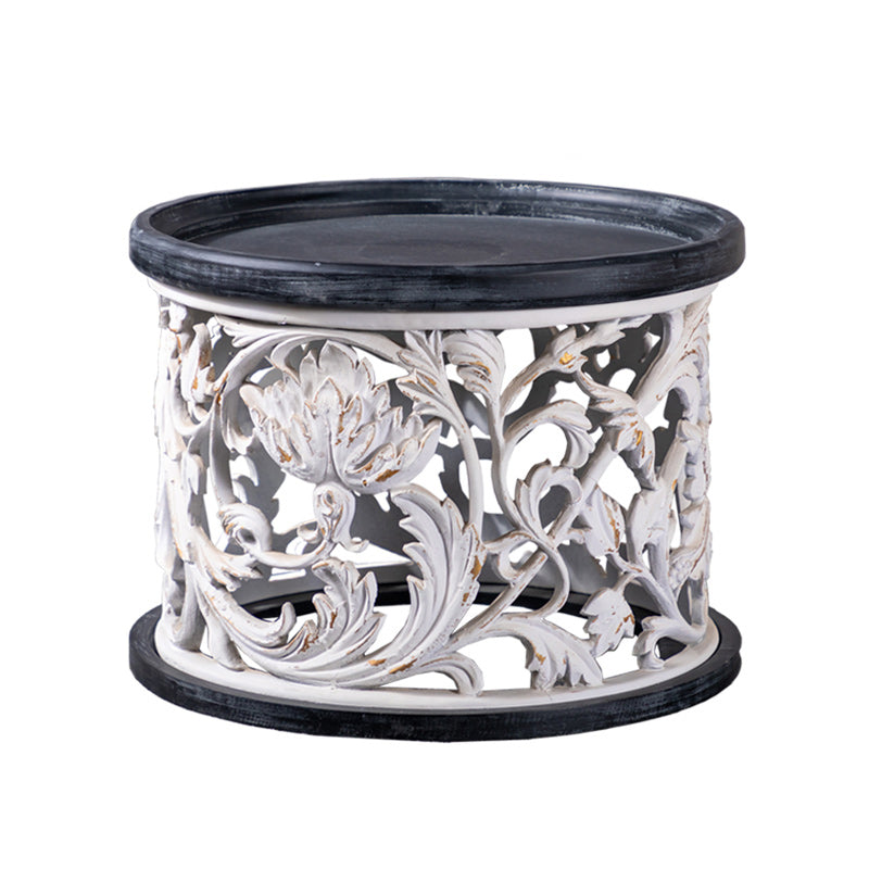 アイアンドラムエンドテーブルラウンドウッドトレイトップサイドエンドテーブル - 苦しめられた表面処理