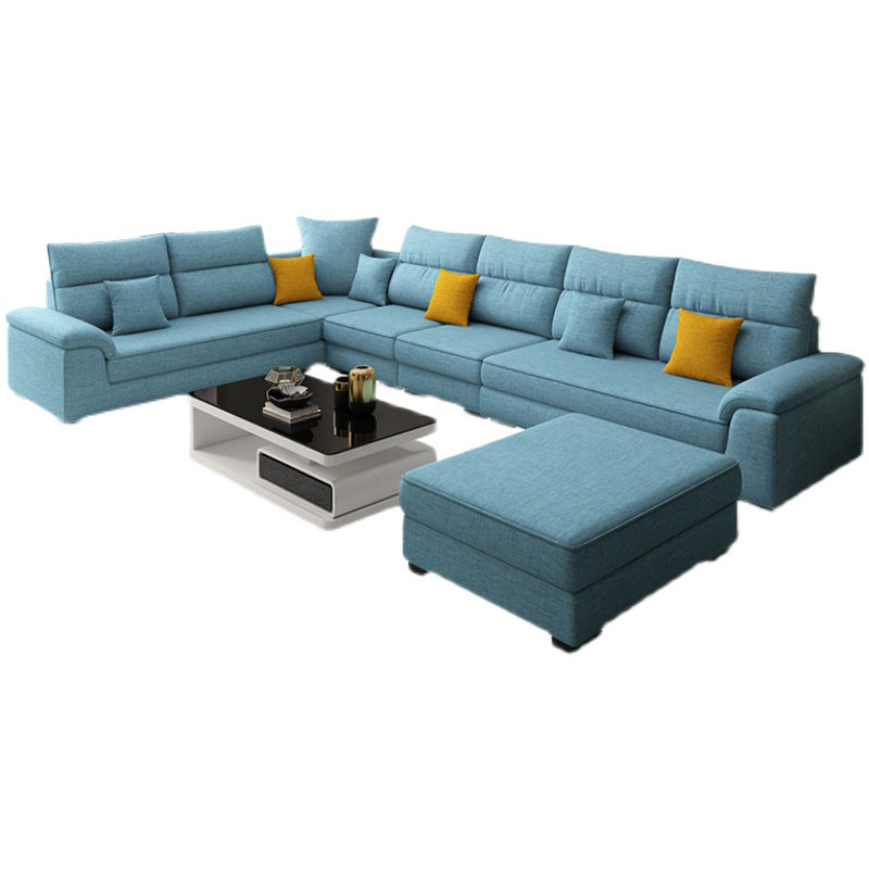 U-Shaped Sofa Sectional Pillow Top Arm Sectional Sofa Set with Pillows Cotton Blend Lake Blue Sponge Clearhalo 'furn' 'furn_sectionals' 'Furniture' 'Living Room Furniture' 'Sectionals' 5231926