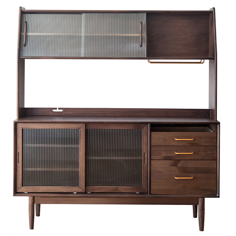 Glam Style Sideboard Glass Sliding Doors Pinewood Top Cupboard for Kitchen 59"L x 16"W x 65"H Walnut Clearhalo 'buffet_sideboard' 'Buffets & Sideboards' 'furn' 'furn_buffet_sideboard' 'Furniture' 'Kitchen & Dining Furniture' 5232198