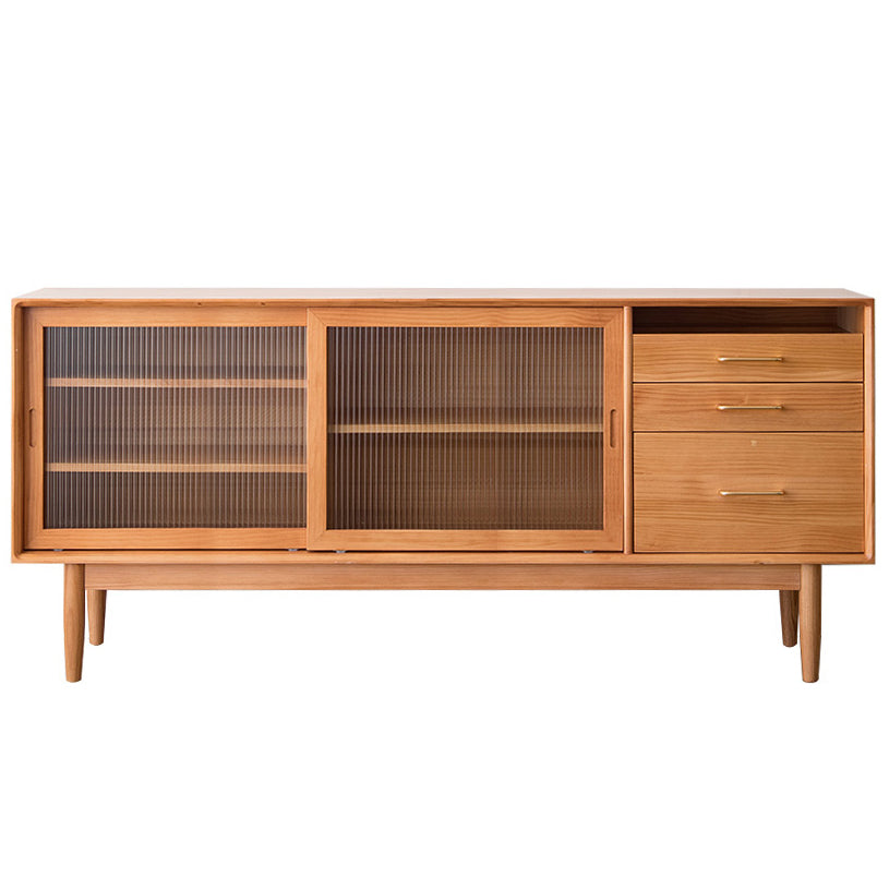 Glam Style Sideboard Glass Sliding Doors Pinewood Top Cupboard for Kitchen 71"L x 16"W x 31"H Cherry Wood Clearhalo 'buffet_sideboard' 'Buffets & Sideboards' 'furn' 'furn_buffet_sideboard' 'Furniture' 'Kitchen & Dining Furniture' 5232205