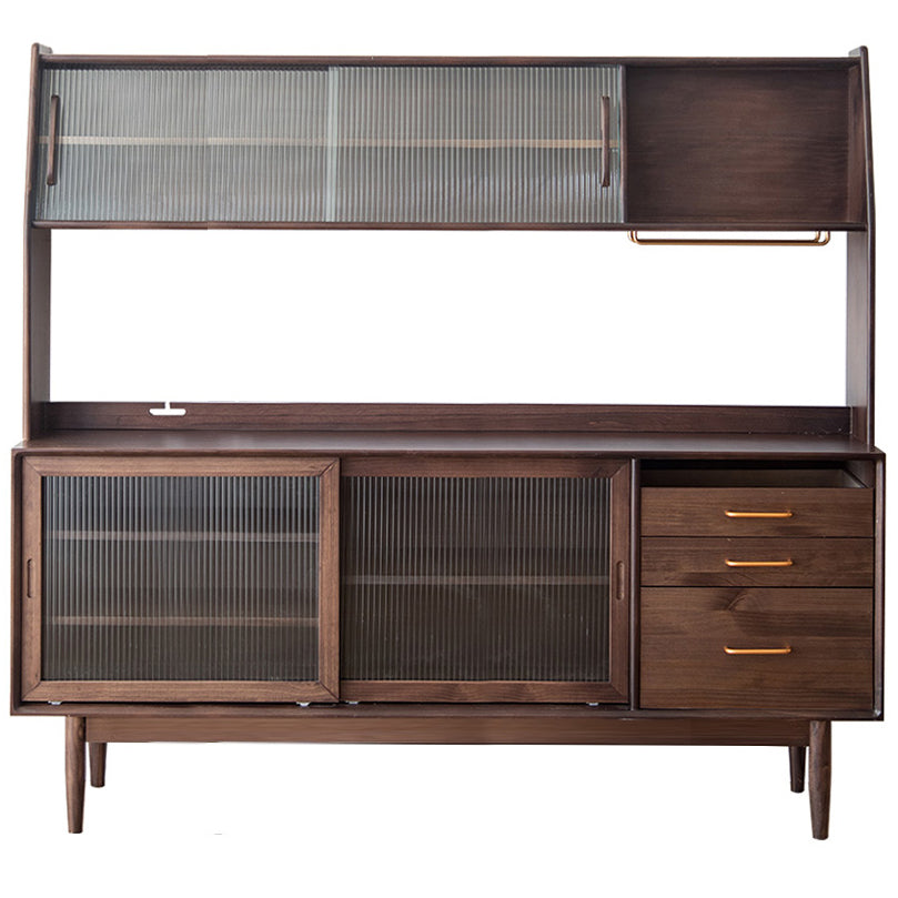 Glam Style Sideboard Glass Sliding Doors Pinewood Top Cupboard for Kitchen 71"L x 16"W x 65"H Walnut Clearhalo 'buffet_sideboard' 'Buffets & Sideboards' 'furn' 'furn_buffet_sideboard' 'Furniture' 'Kitchen & Dining Furniture' 5232206