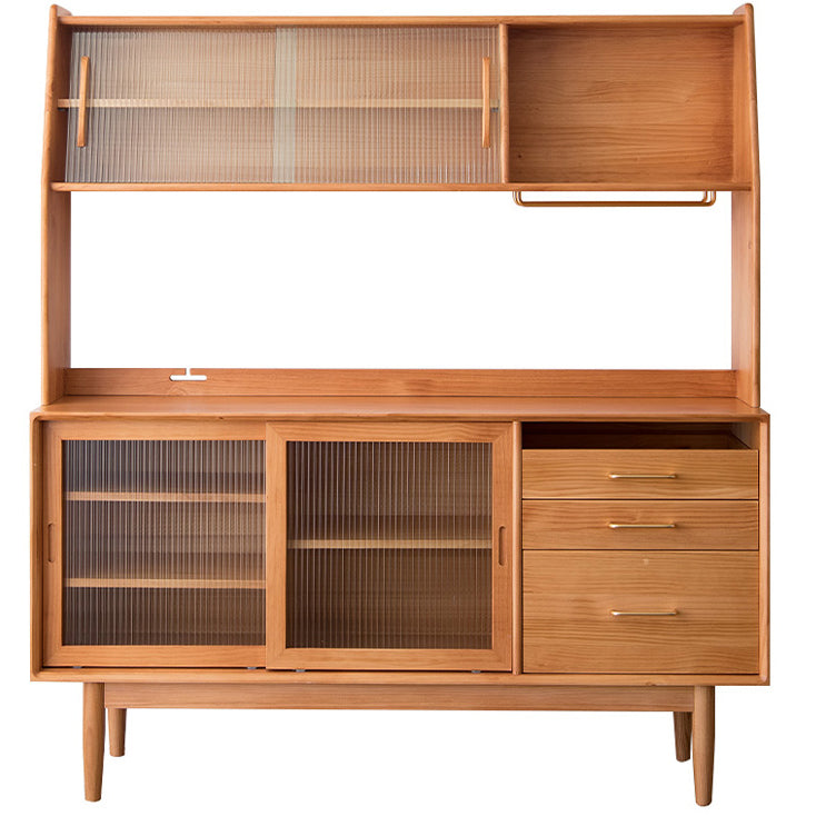 Glam Style Sideboard Glass Sliding Doors Pinewood Top Cupboard for Kitchen 59"L x 16"W x 65"H Cherry Wood Clearhalo 'buffet_sideboard' 'Buffets & Sideboards' 'furn' 'furn_buffet_sideboard' 'Furniture' 'Kitchen & Dining Furniture' 5232208