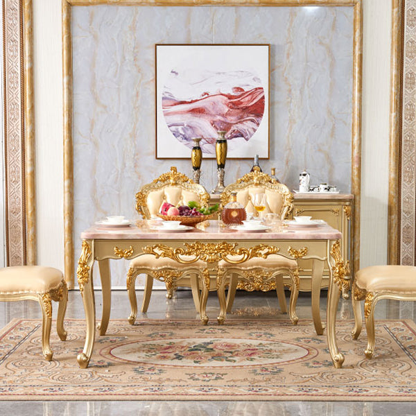 Rectangle 4 Legs Victorian Table Fixed Table with Marble Top 63"L x 35.4"W x 31.1"H Without Chairs Clearhalo 'Dining Tables & Seating' 'Dining Tables' 'dining_table' 'furn' 'furn_dining_table' 'Furniture' 'Kitchen & Dining Furniture' 5241257