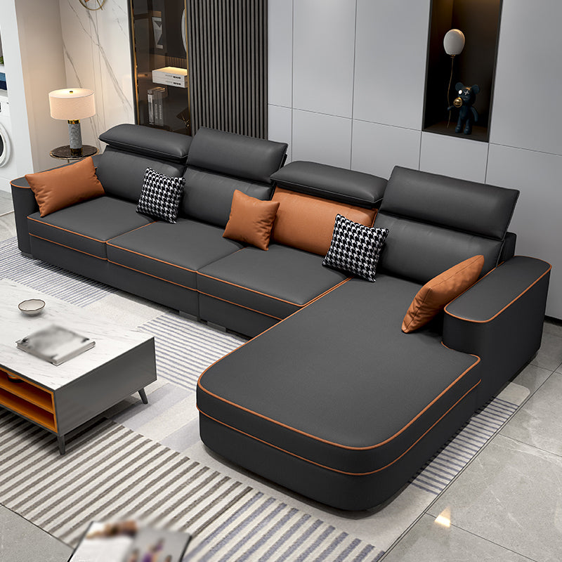 L-Shape High Back Faux leather Square Arm Sectional with Stain-Resistant Orange Dark Grey Clearhalo 'furn' 'furn_sectionals' 'Furniture' 'Living Room Furniture' 'Sectionals' 5243190