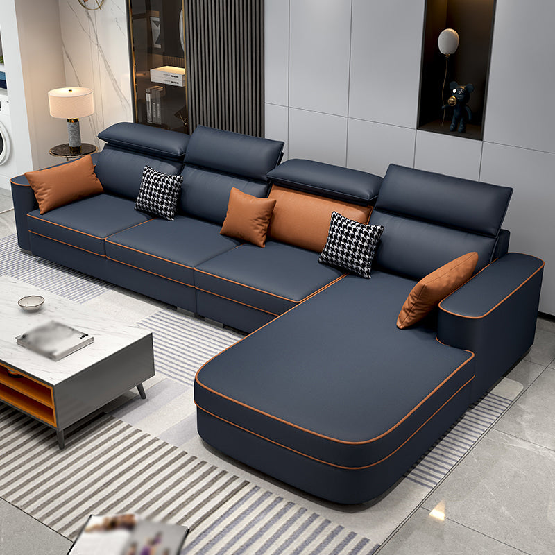 L-Shape High Back Faux leather Square Arm Sectional with Stain-Resistant Dark Blue-Orange Clearhalo 'furn' 'furn_sectionals' 'Furniture' 'Living Room Furniture' 'Sectionals' 5243195