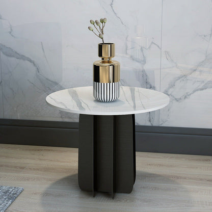 Modern Black and White Pedestal Coffee Table Round Slate and Metal Table 24"L x 24"W x 18"H Clearhalo 'Coffee & Accent Tables' 'Coffee Tables' 'coffee_tables' 'furn' 'furn_coffee_tables' 'Furniture' 'Living Room Furniture' 5243807