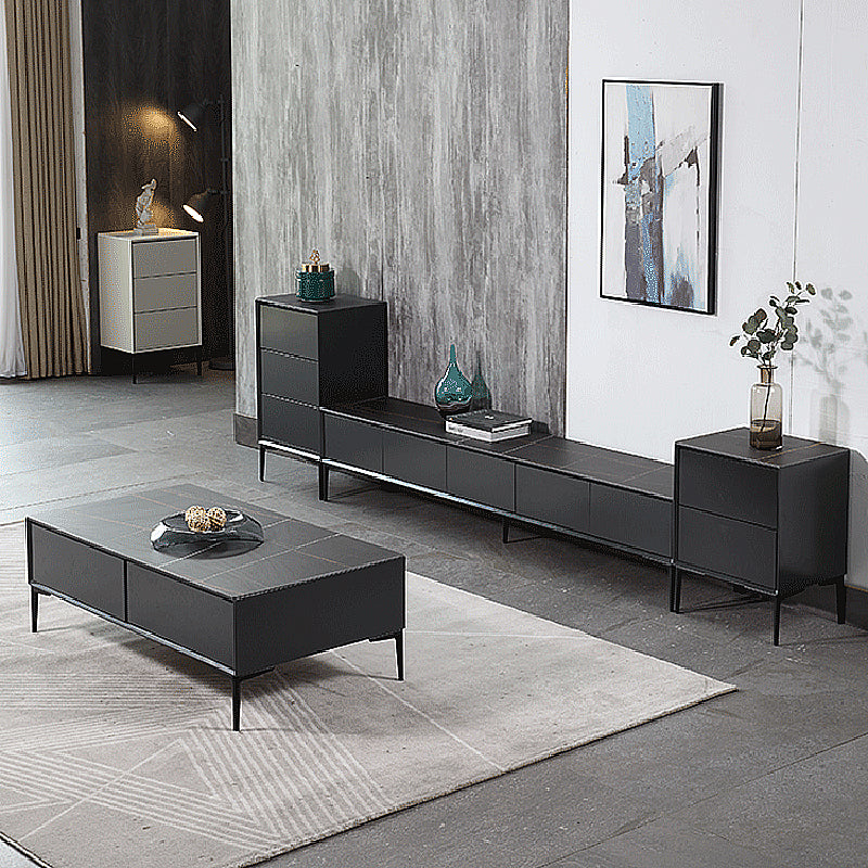 Tavolino nero in stile moderno fatto di legno di lastre di roccia rotonda