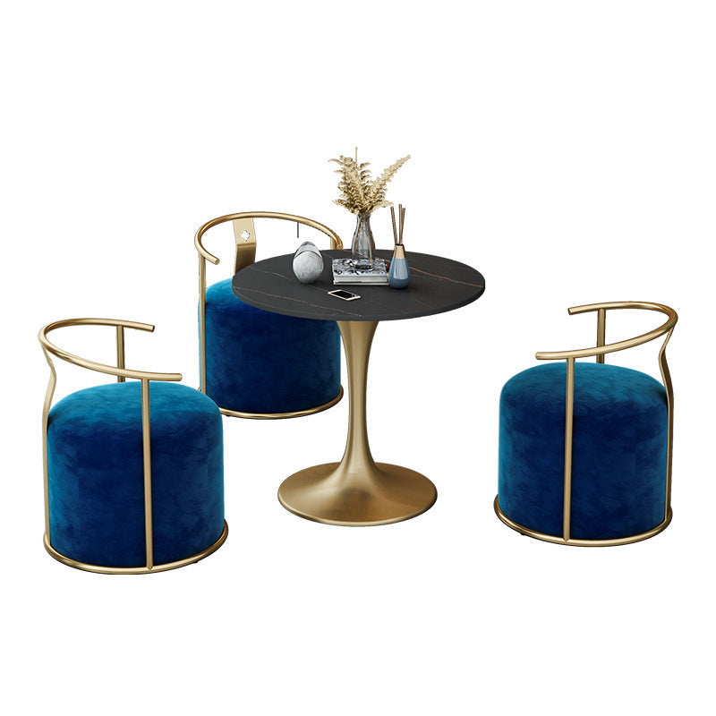 Glam Black Sintered Stone Dining Table Set Round 1/2/3/4/5 Pieces Dining Set 4 Pieces: Table, 3 Blue Chairs Clearhalo 'Dining Room Sets' 'Dining Tables & Seating' 'dining_room_set' 'furn' 'furn_dining_room_set' 'Furniture' 'Kitchen & Dining Furniture' 5246014