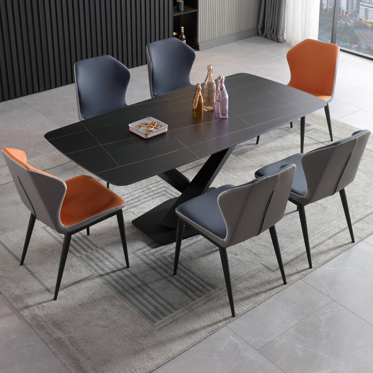 Glam Rectangle Dining Table Set 1/2/5/7 Pieces Dinette Set with Sintered Stone Top 7 Pieces: Black Table, 6 Chairs Clearhalo 'Dining Room Sets' 'Dining Tables & Seating' 'dining_room_set' 'furn' 'furn_dining_room_set' 'Furniture' 'Kitchen & Dining Furniture' 5246091