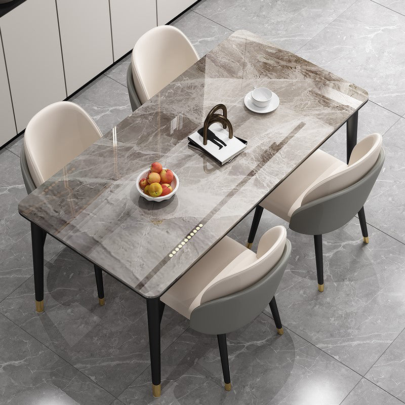 Glam Iron Dining Table Set 1/2/5/7 Pieces Rectangle Dinette Set with Sintered Stone Top 5 Pieces: Grey Table, 4 White Chairs Clearhalo 'Dining Room Sets' 'Dining Tables & Seating' 'dining_room_set' 'furn' 'furn_dining_room_set' 'Furniture' 'Kitchen & Dining Furniture' 5246104