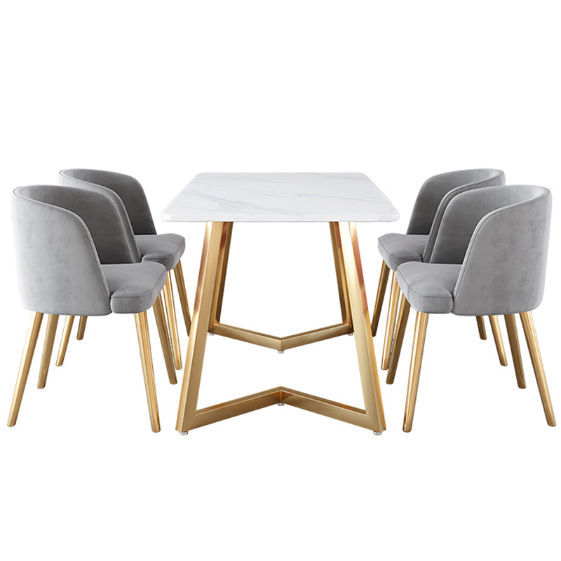 Glam Iron Dining Table Set 1/2/5/6 Pieces Rectangle Dinette Set with Sintered Stone Top 5 Pieces: Table, 4 Grey Chairs Clearhalo 'Dining Room Sets' 'Dining Tables & Seating' 'dining_room_set' 'furn' 'furn_dining_room_set' 'Furniture' 'Kitchen & Dining Furniture' 5246146