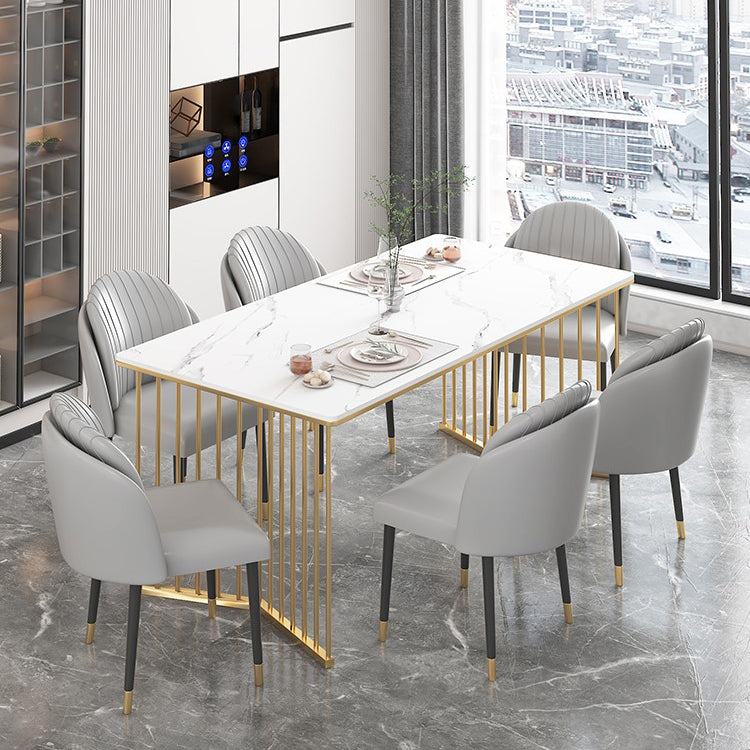 Glam Iron Dining Table Set 1/2/5/7 Pieces Dinette Set with Rectangle Sintered Stone Top 7 Pieces: White Table, 6 Chairs Clearhalo 'Dining Room Sets' 'Dining Tables & Seating' 'dining_room_set' 'furn' 'furn_dining_room_set' 'Furniture' 'Kitchen & Dining Furniture' 5246175