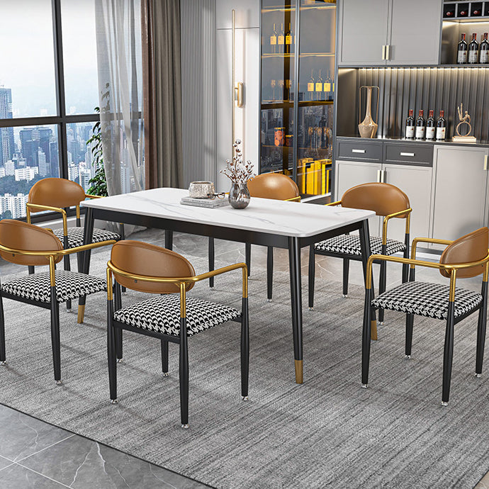 Glam Rectangle Dining Table Set 1/4/5/7 Pieces Dinette Set with Sintered Stone Top 7 Pieces: White Table, 6 Chairs Clearhalo 'Dining Room Sets' 'Dining Tables & Seating' 'dining_room_set' 'furn' 'furn_dining_room_set' 'Furniture' 'Kitchen & Dining Furniture' 5246192