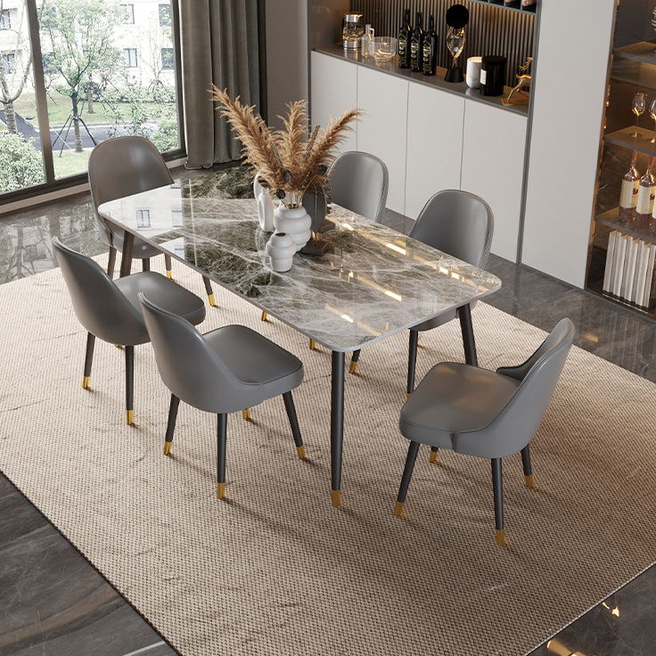Contemporary Rectangle Stone Table for Restaurant Black Metal Pedestal Dining Table Gray 55.1"L x 31.5"W x 29.5"H Without Chairs Clearhalo 'Dining Tables & Seating' 'Dining Tables' 'dining_table' 'furn' 'furn_dining_table' 'Furniture' 'Kitchen & Dining Furniture' 5246285