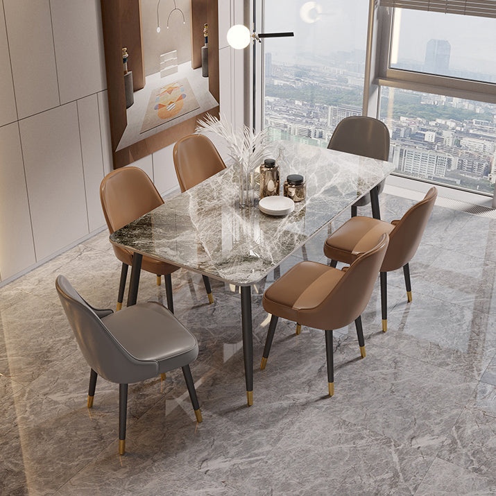 Contemporary Rectangle Stone Table for Restaurant Black Metal Pedestal Dining Table Gray 51.2"L x 27.6"W x 29.5"H Without Chairs Clearhalo 'Dining Tables & Seating' 'Dining Tables' 'dining_table' 'furn' 'furn_dining_table' 'Furniture' 'Kitchen & Dining Furniture' 5246286