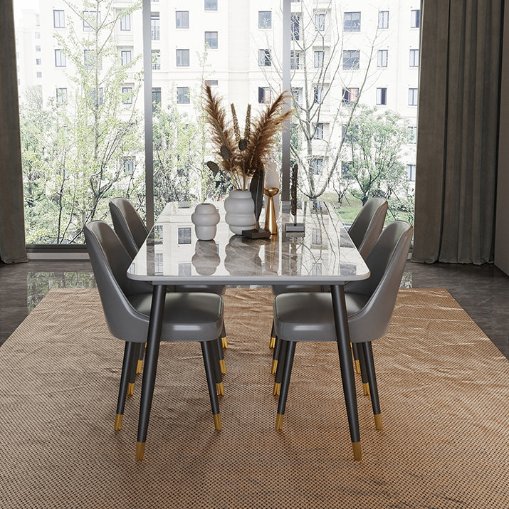 Contemporary Rectangle Stone Table for Restaurant Black Metal Pedestal Dining Table Gray 47.2"L x 23.6"W x 29.5"H Without Chairs Clearhalo 'Dining Tables & Seating' 'Dining Tables' 'dining_table' 'furn' 'furn_dining_table' 'Furniture' 'Kitchen & Dining Furniture' 5246288