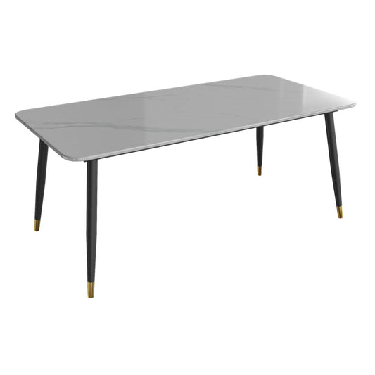 Contemporary Rectangle Stone Table for Restaurant Black Metal Pedestal Dining Table White Without Chairs