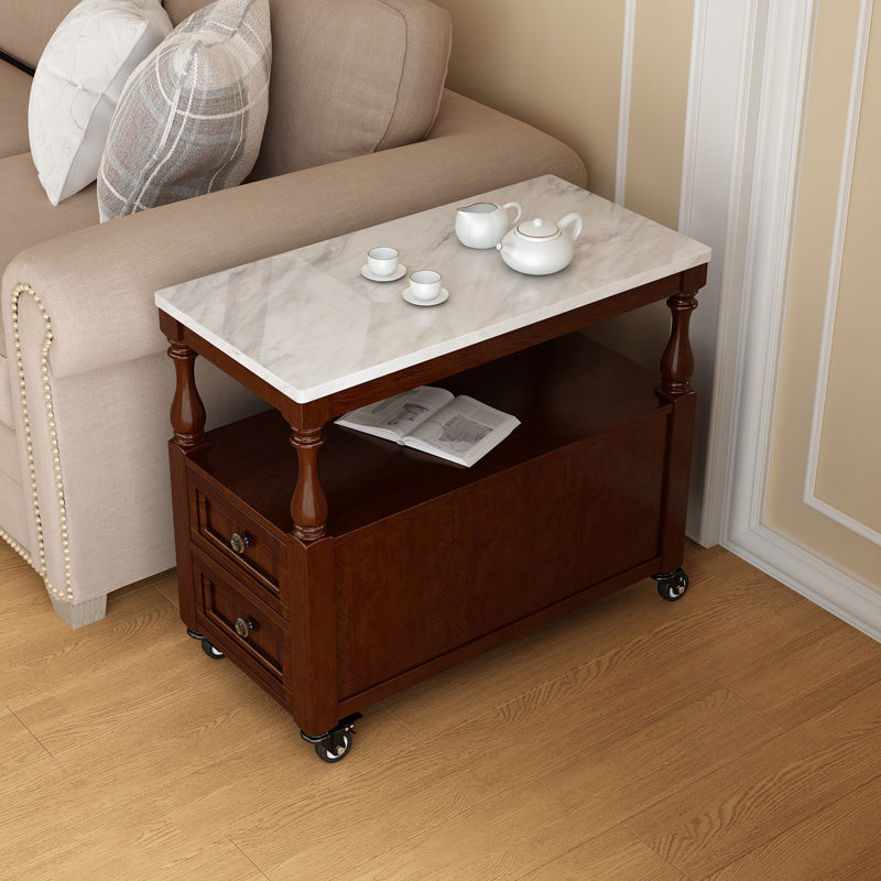 13.7" W X 23.6" H Farmhouse Wood Side Table Two-Drawer Side Table with Wheels White-Brown Clearhalo 'Coffee & Accent Tables' 'End & Side Tables' 'end_side_tables' 'furn' 'furn_end_side_tables' 'Furniture' 'Living Room Furniture' 5247851