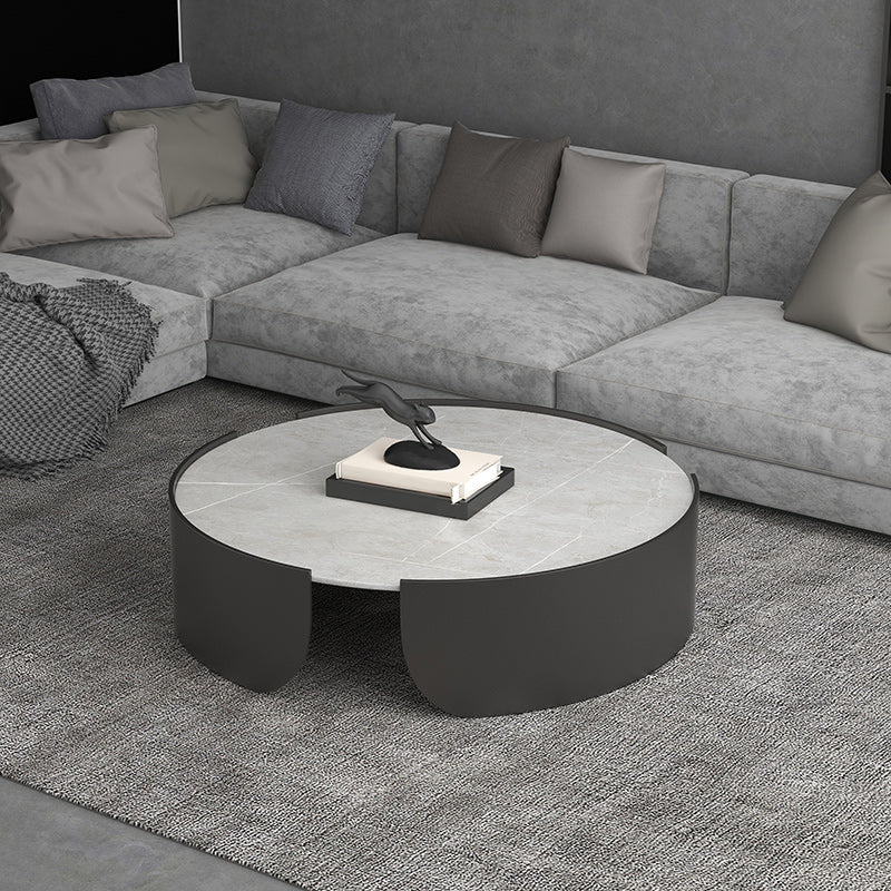 Modern Style White/black Rock Slab Top Round Metal Craft Coffee Table 35.5"L x 35.5"W x 14"H Gray Clearhalo 'Coffee & Accent Tables' 'Coffee Tables' 'coffee_tables' 'furn' 'furn_coffee_tables' 'Furniture' 'Living Room Furniture' 5248044