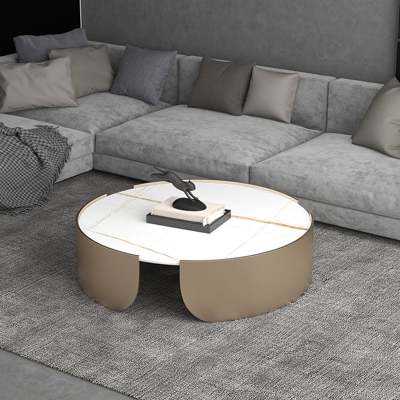 Modern Style White/black Rock Slab Top Round Metal Craft Coffee Table 35.5"L x 35.5"W x 14"H White Gold Clearhalo 'Coffee & Accent Tables' 'Coffee Tables' 'coffee_tables' 'furn' 'furn_coffee_tables' 'Furniture' 'Living Room Furniture' 5248050
