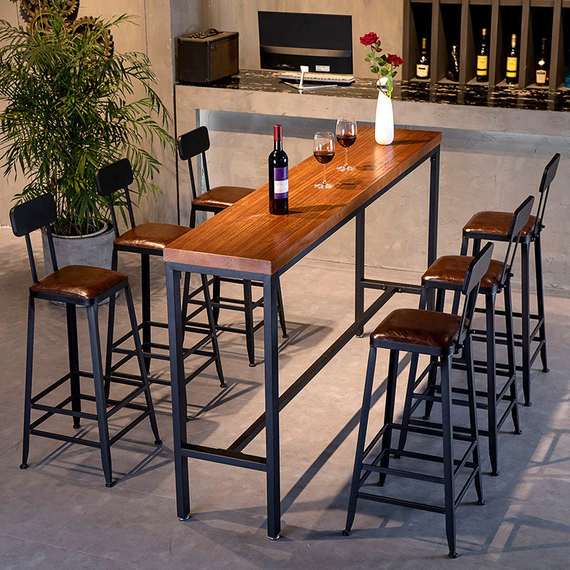 Brown Solid Wood Bar Table Industrial Bar Dining Table with Black Trestle Base 86.6"L x 15.7"W x 41.3"H Without Chairs Clearhalo 'Bar Furniture' 'Bar Tables' 'bar_tables' 'furn' 'furn_bar_tables' 'Furniture' 'Kitchen & Dining Furniture' 5255158
