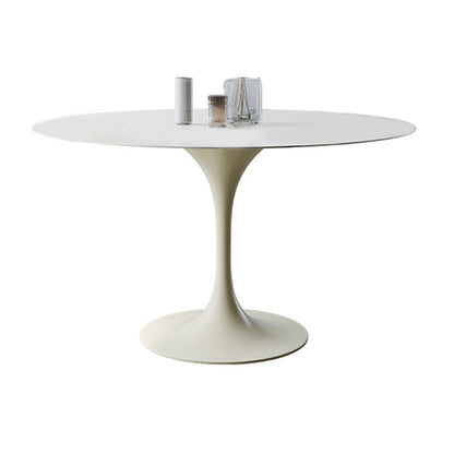 Contemporary Dining Table with White Pedestal Round Stone Top Dining Table