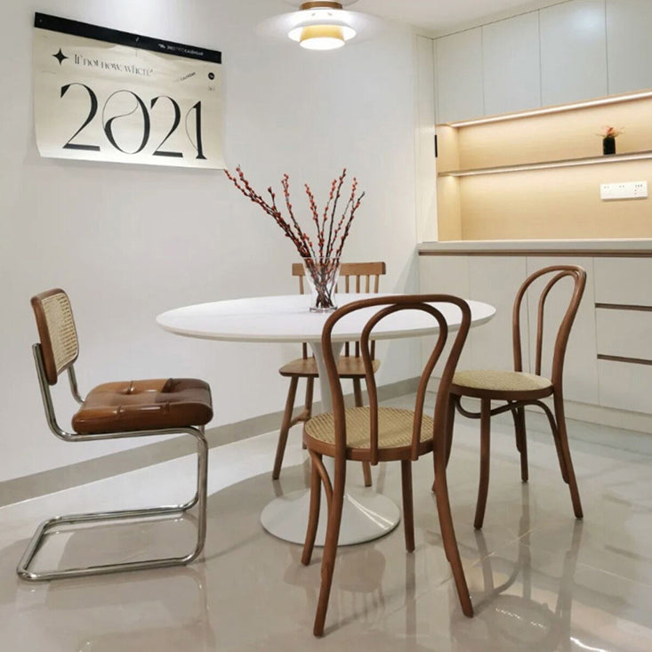 Contemporary Dining Table with White Pedestal Round Stone Top Dining Table
