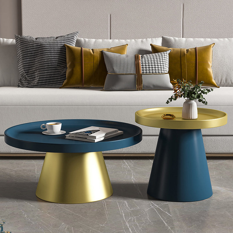 Modern Tray Top Pedestal Coffee Table Metal Round Table for Living Room 30"L x 30"W x 14"H + 20"L x 20"W x 20"H Gold-Blue Clearhalo 'Coffee & Accent Tables' 'Coffee Tables' 'coffee_tables' 'furn' 'furn_coffee_tables' 'Furniture' 'Living Room Furniture' 5262897