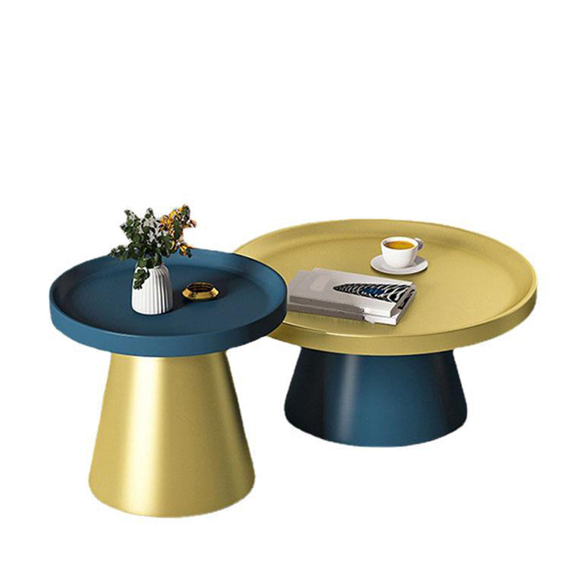Modern Tray Top Pedestal Coffee Table Metal Round Table for Living Room 30"L x 30"W x 14"H + 20"L x 20"W x 20"H Blue Gold Clearhalo 'Coffee & Accent Tables' 'Coffee Tables' 'coffee_tables' 'furn' 'furn_coffee_tables' 'Furniture' 'Living Room Furniture' 5262899