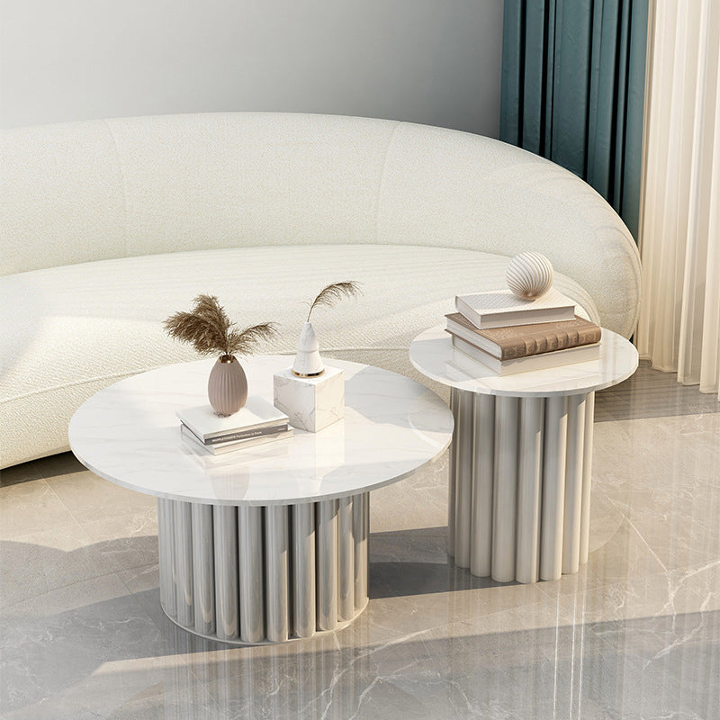 Modern Stone Pedestal Cocktail Table Round Coffee Table - White/Grey 31.5"L x 31.5"W x 16"H + 18"L x 18"W x 20"H Clearhalo 'Coffee & Accent Tables' 'Coffee Tables' 'coffee_tables' 'furn' 'furn_coffee_tables' 'Furniture' 'Living Room Furniture' 5262939