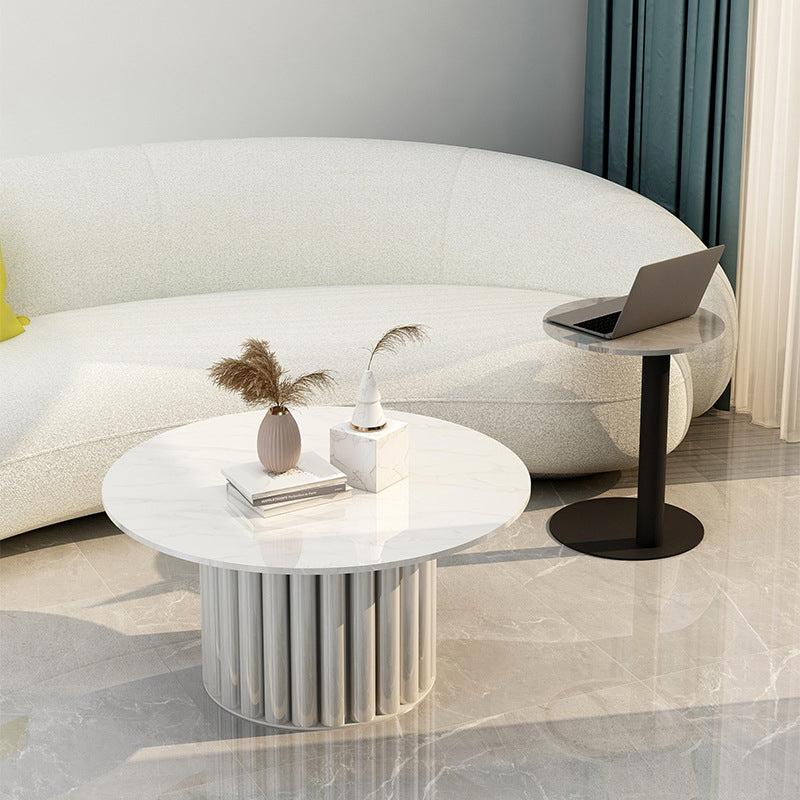 Modern Stone Pedestal Cocktail Table Round Coffee Table - White/Grey Clearhalo 'Coffee & Accent Tables' 'Coffee Tables' 'coffee_tables' 'furn' 'furn_coffee_tables' 'Furniture' 'Living Room Furniture' 5262941
