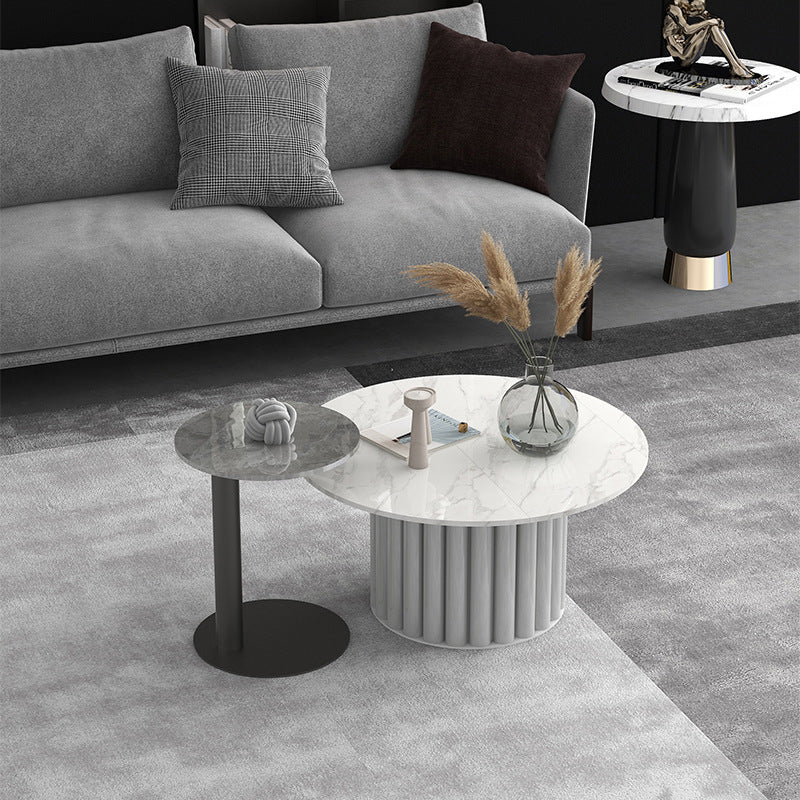 Modern Stone Pedestal Cocktail Table Round Coffee Table - White/Grey 31.5"L x 31.5"W x 16"H + 16"L x 16"W x 20"H Clearhalo 'Coffee & Accent Tables' 'Coffee Tables' 'coffee_tables' 'furn' 'furn_coffee_tables' 'Furniture' 'Living Room Furniture' 5262942