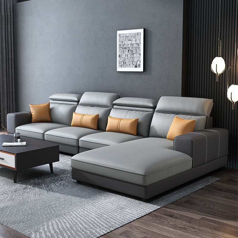 L-Shape High Back Faux Leather Square Arm Sectional with Wear-Resisting Dark Grey Light Grey Clearhalo 'furn' 'furn_sectionals' 'Furniture' 'Living Room Furniture' 'Sectionals' 5263706