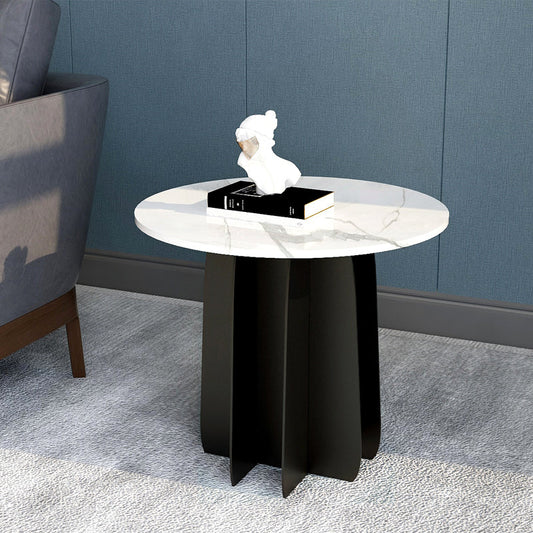 モダンスタイルの白いスレート＆グレーガラストップアイアンクラフトラウンドコーヒーテーブル