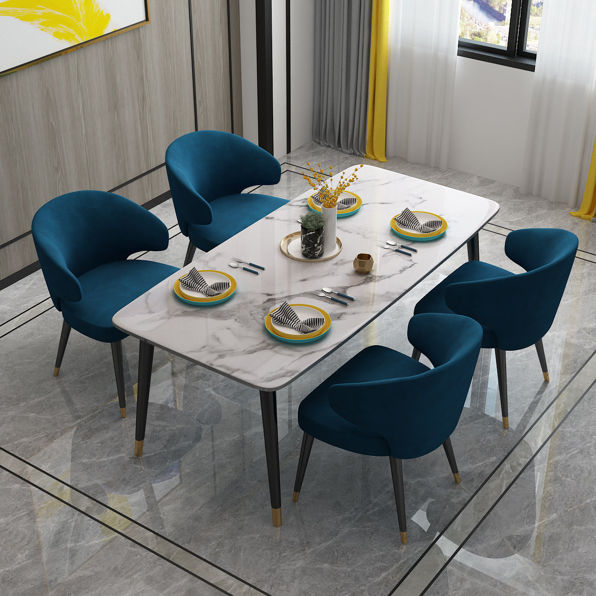Modern Dinette Set 1/4/5 Pieces Rectangle White Marble Dining Table Set 5 Pieces: White Table, 4 Blue Chairs Clearhalo 'Dining Room Sets' 'Dining Tables & Seating' 'dining_room_set' 'furn' 'furn_dining_room_set' 'Furniture' 'Kitchen & Dining Furniture' 5268689