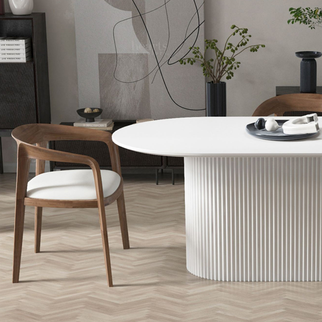 Ovaler Esstisch von Simplicity mit Sockeltisch aus gesintertem Stein und Kiefernholz