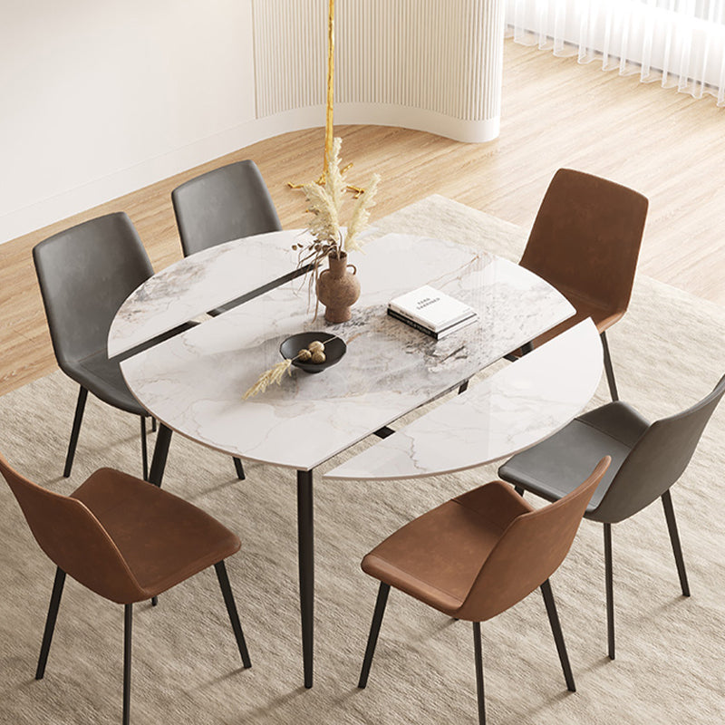 Round Dining Table with Leaf Extension Modern Stone Black Legs Dinette Table White 53.1"L x 53.1"W x 29.5"H Without Chairs Clearhalo 'Dining Tables & Seating' 'Dining Tables' 'dining_table' 'furn' 'furn_dining_table' 'Furniture' 'Kitchen & Dining Furniture' 5268941