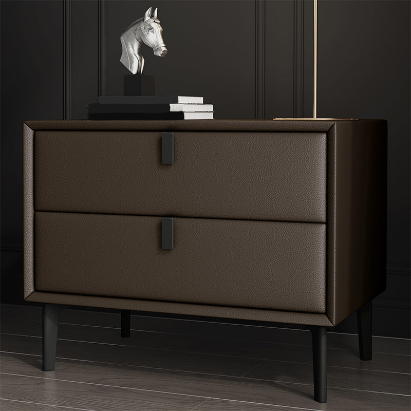 18.5" Tall 2 - Drawer Nightstand Modern Solid Wood Nightstand Coffee Faux Leather Clearhalo 'Bedroom Furniture' 'furn' 'furn_night_stand' 'Furniture' 'night_stand' 'Nightstands' 5270315