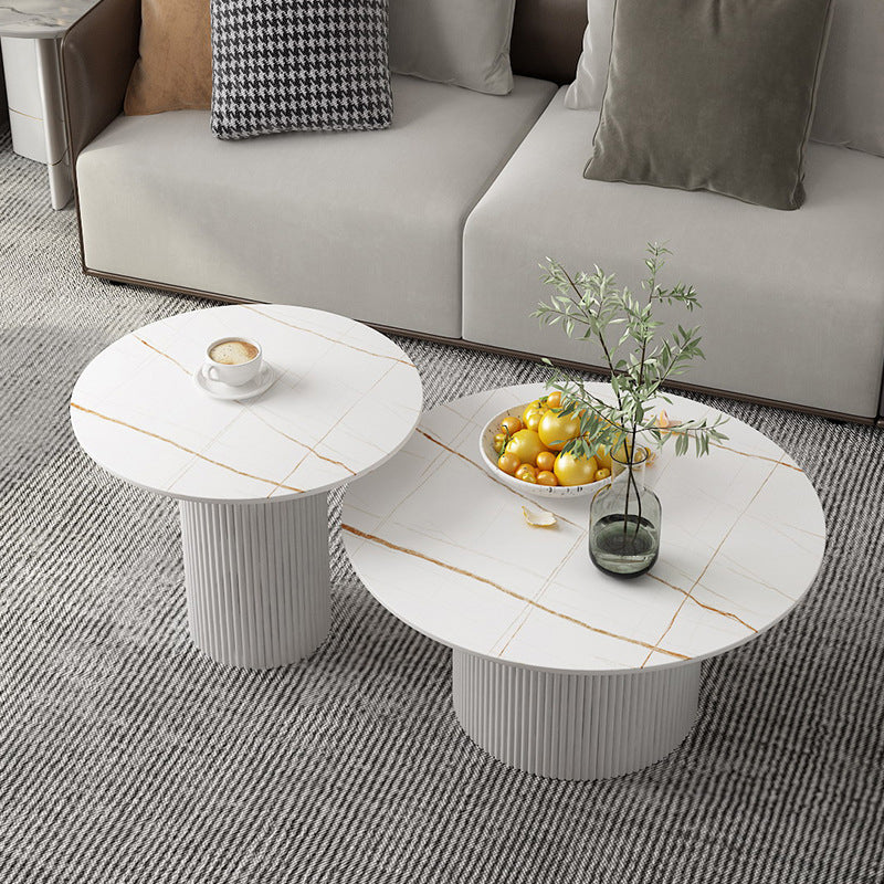 Modern Style Black/white Rock Slab Top Metal Craft Round Coffee Table 31.5"L x 31.5"W x 16"H + 24"L x 24"W x 20"H White Clearhalo 'Coffee & Accent Tables' 'Coffee Tables' 'coffee_tables' 'furn' 'furn_coffee_tables' 'Furniture' 'Living Room Furniture' 5270673